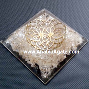 Crystal Quartz Orgone Pyramid with Metal Flower of Life - Energy Healing and Balancing Tool
