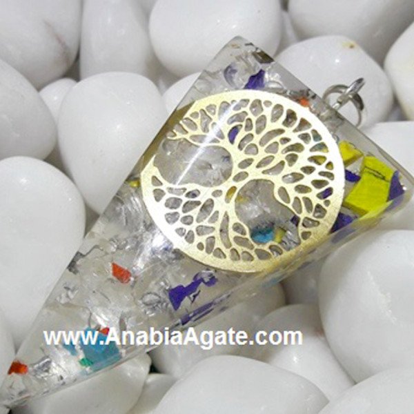 Crystal Quartz Orgone Triangle Pendant With Metal Tree Of Life