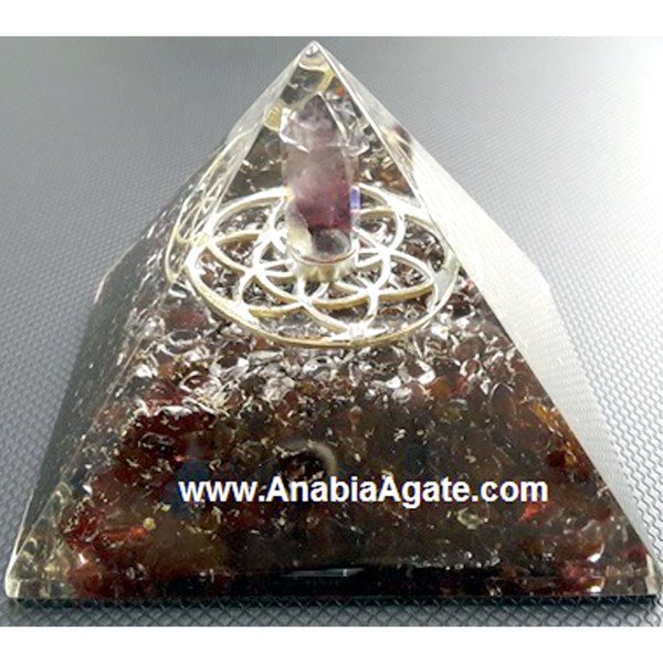 Garnet Orgone Pyramid With Metal Flower Of Life And Amethyst Point