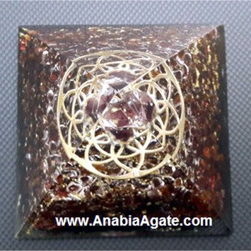 Garnet Orgone Pyramid With Metal Flower Of Life And Amethyst Point