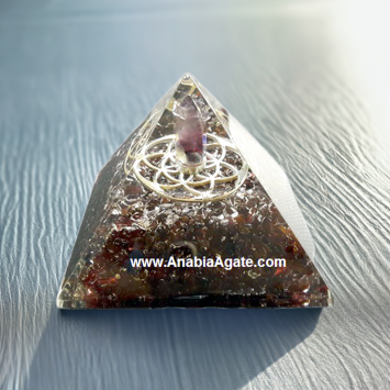 Garnet Orgone Pyramid With Metal Flower Of Life And Amethyst Point