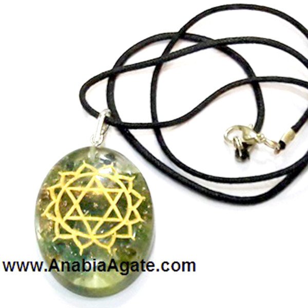 Green Aventurine Anahata Chakra Engraved Orgone Oval Pendant With Cord