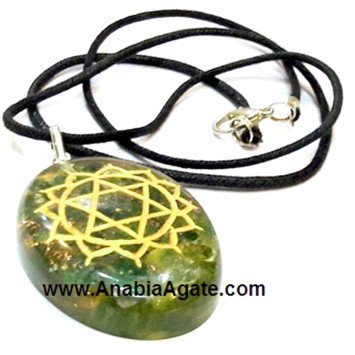 Green Aventurine Anahata Chakra Engraved Orgone Oval Pendant With Cord