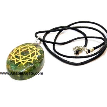 Green Aventurine Anahata Chakra Engraved Orgone Oval Pendant With Cord