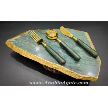Green Aventurine Platter with 3-Piece Cutlery Set | Luxury Tableware Collection