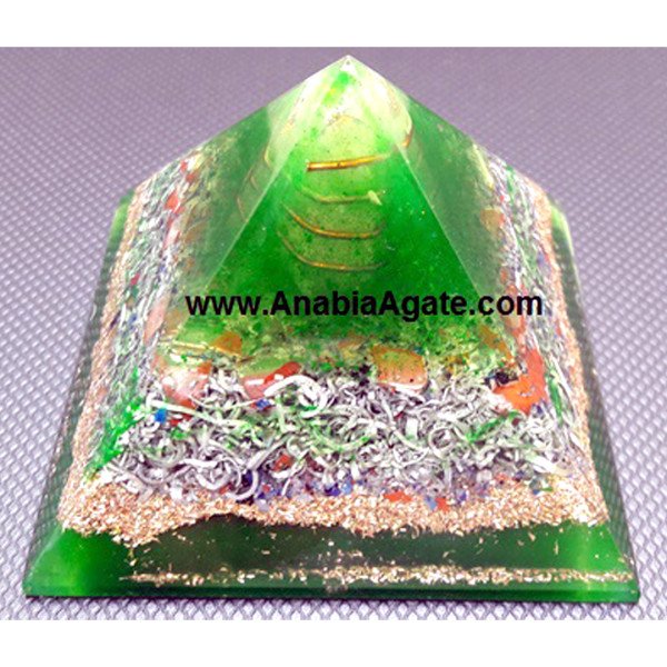 Green Color Orgone Pyramid With Wire Wrapped Crystal Quartz Point