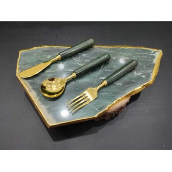 Green Aventurine Platter with 3-Piece Cutlery Set | Luxury Tableware Collection