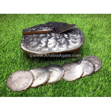 Grey Resin Cake Platter Stand, Serving Cutlery, and Coasters Plates Set