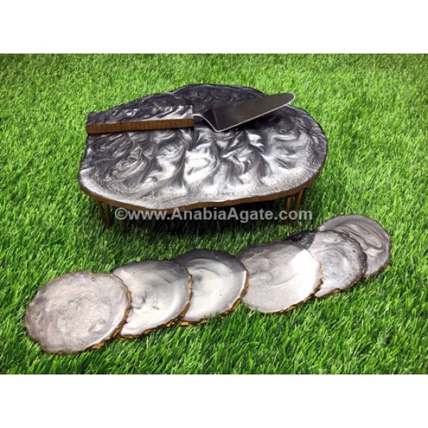 Grey Resin Cake Platter Stand, Serving Cutlery, and Coasters Plates Set
