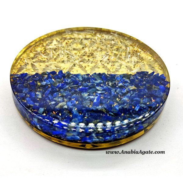 Lapis Lazuli & Selenite Orgone Round Coaster Plate with Flower of Life Symbol