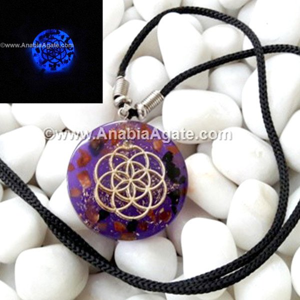 Mix Agate Orgone Glowing Pendant With Flower Of Life Metal Symbol