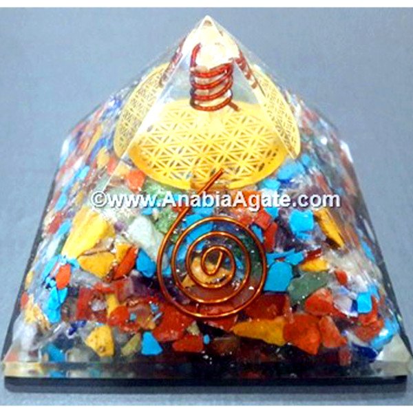 Mix Gemstone Orgone Pyramid with Flower of Life Symbol & Crystal Point