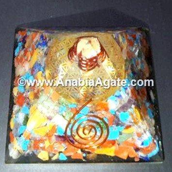 Mix Gemstone Orgone Pyramid with Flower of Life Symbol & Crystal Point