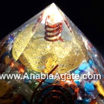 Mix Gemstone Orgone Pyramid with Flower of Life Symbol & Crystal Point