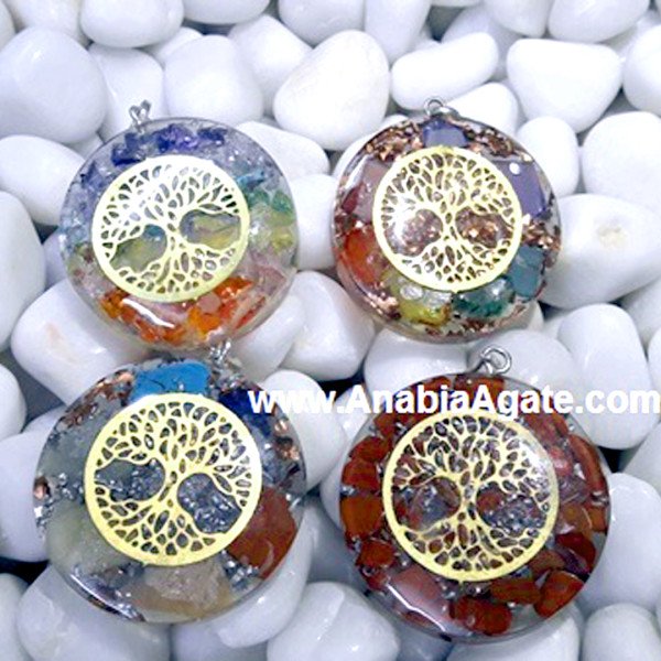 Mixed Orgone Round Pendants with Metal Tree of Life | Unique Energy Jewelry