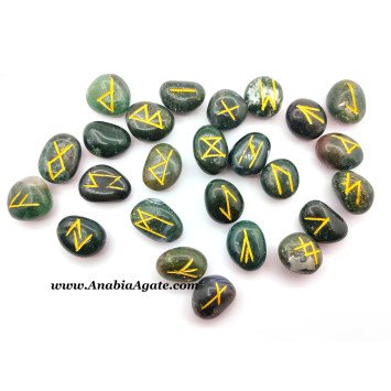 Moss Agate Engraved Rune Set