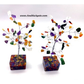 Multi Color Gemstone 50 Chips Tree with Orgone Cube Base | Healing Crystal Decor