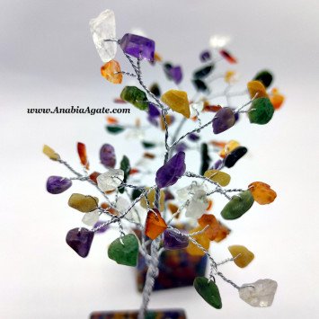 Multi Color Gemstone 50 Chips Tree with Orgone Cube Base | Healing Crystal Decor