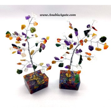 Multi Color Gemstone 50 Chips Tree with Orgone Cube Base | Healing Crystal Decor