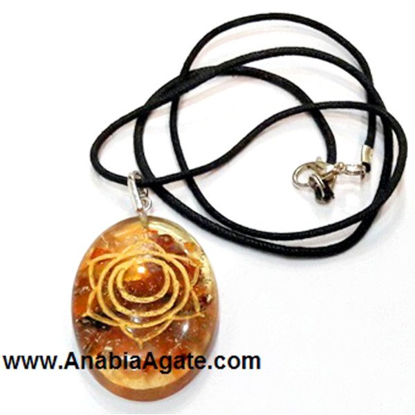 Orange Aventurine Svadhisthana Chakra Engraved Orgone Oval Pendant With Cord