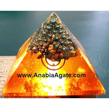 Orange Orgone Pyramid with Silver Pearls - Crystal Healing Energy Generator