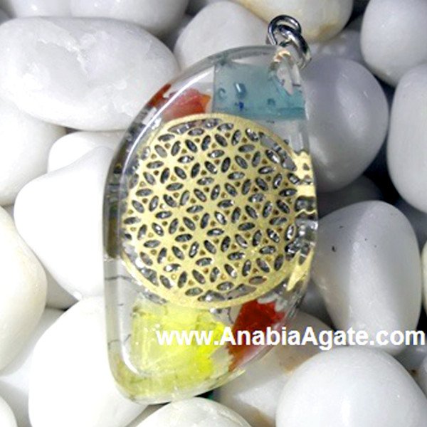 Orgone Eye Shape Pendant with Metal Flower of Life | Crystal Energy Jewelry