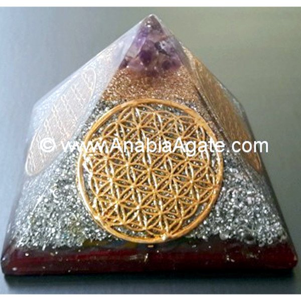 Orgone Flower Of Life Symbols Pyramid With Amethyst - Energy Healing Crystal