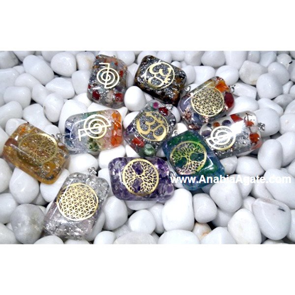 Orgone Rectangle Pendants with Metal Symbols | Unique Energy Jewelry