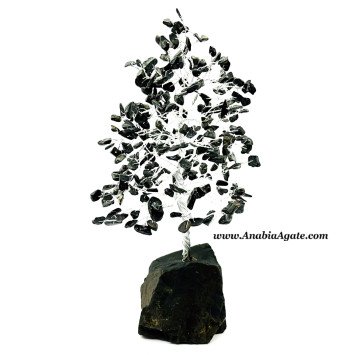 Black Tourmaline Chips Tree with Raw Black Tourmaline Base - Healing Crystal Decor