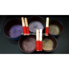 Tibetan Aluminium Singing Bowl Set with Leather Sticks (Set of 5)