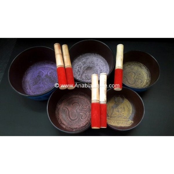 Tibetan Aluminium Singing Bowl Set with Leather Sticks (Set of 5)