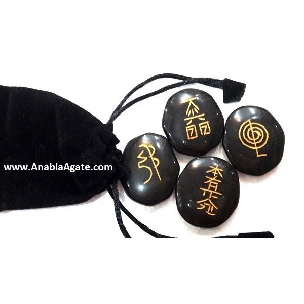 Black Jasper Palmstone Reiki Set with Velvet Pouch