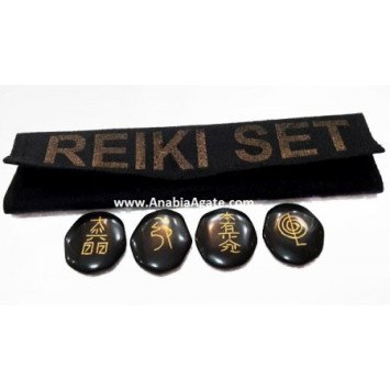 Black Jasper Palmstone Reiki Set with Velvet Purse