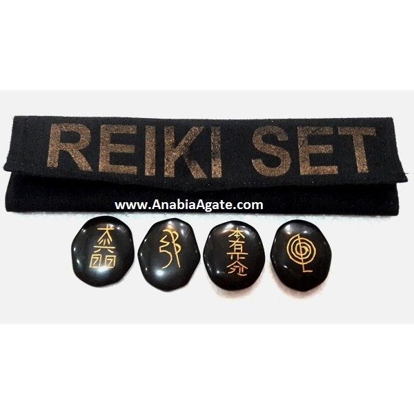 Black Jasper Palmstone Reiki Set with Velvet Purse