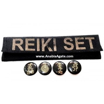 Black Jasper Disc Reiki Set with Velvet Purse