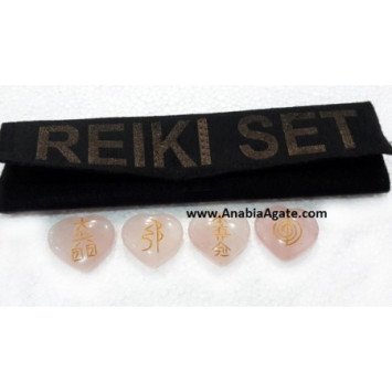 Rose Quartz Heart Shape Reiki Set with Velvet Purse | Healing Crystals