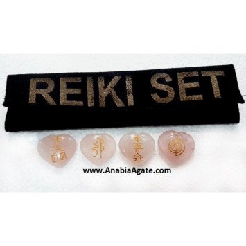 Rose Quartz Heart Shape Reiki Set with Velvet Purse | Healing Crystals