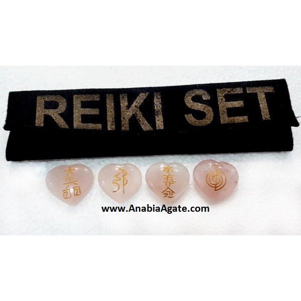 Rose Quartz Heart Shape Reiki Set with Velvet Purse | Healing Crystals