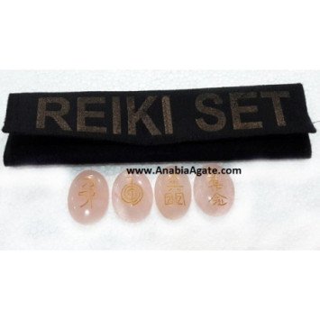 Rose Quartz Oval Reiki Engraved Set with Velvet Purse - Healing Crystals