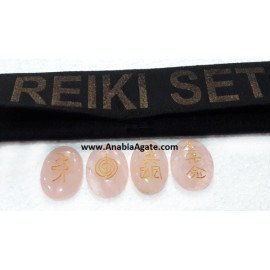 Rose Quartz Oval Reiki Engraved Set with Velvet Purse - Healing Crystals