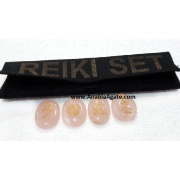 Rose Quartz Oval Reiki Engraved Set with Velvet Purse - Healing Crystals