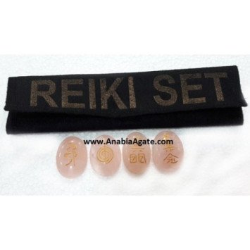Rose Quartz Oval Reiki Engraved Set with Velvet Purse - Healing Crystals