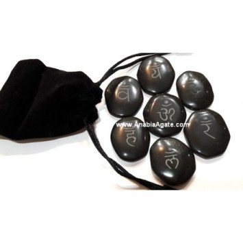 Black Jasper Sanskrit Engraved Palmstone Set with Velvet Pouch