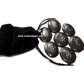Black Jasper Sanskrit Engraved Palmstone Set with Velvet Pouch
