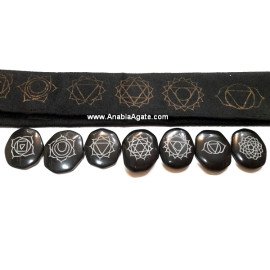 Black Jasper Chakra Engraved Palm stone Set with Velvet Purse
