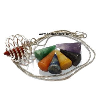 7 Chakra Cones Necklace Set with Round Silver Cage - Balance and Harmony Jewelry