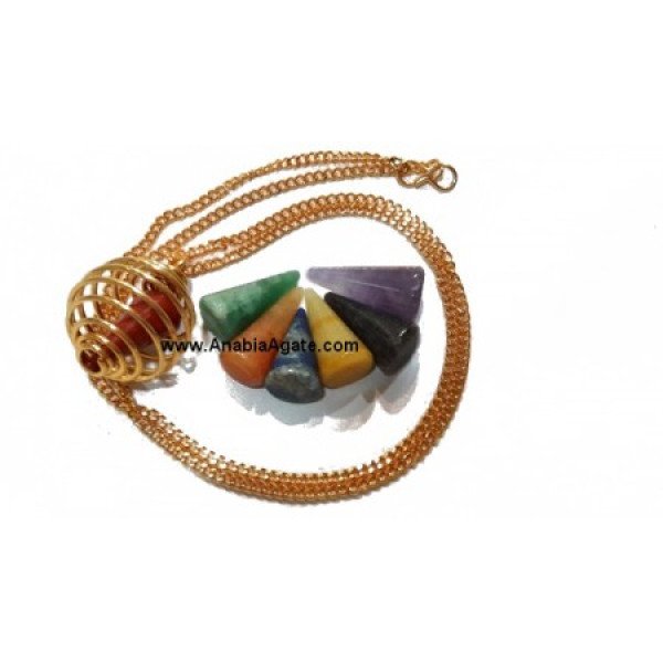 7 Chakra Cones Necklace Set in Round Golden Cage