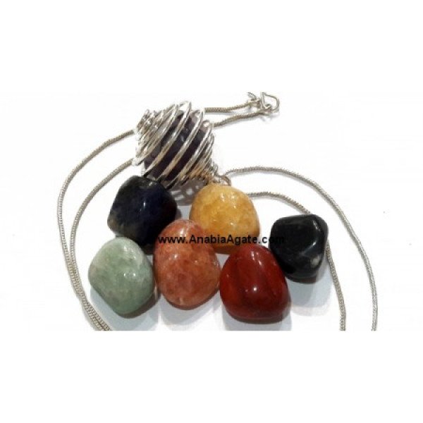 7 Chakra Tumble Stones Necklace Set with Round Silver Cage
