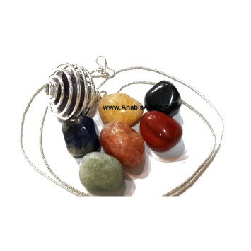 7 Chakra Tumble Stones Necklace Set with Round Silver Cage