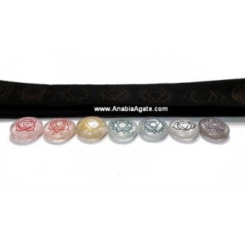 Crystal Quartz Colorful Chakra Engraved Disc Set with Velvet Purse